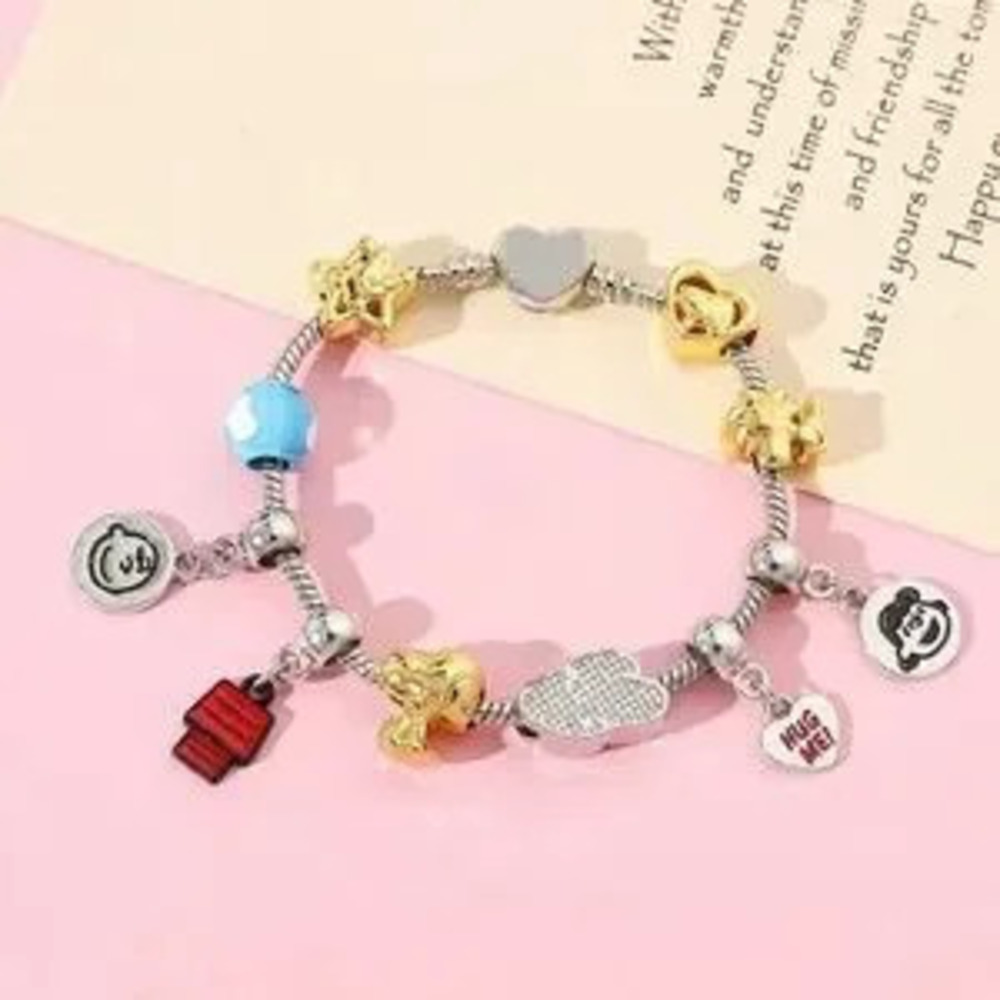925 Sterling Silver & 14K Gold Peanuts Snoopy Themed Loaded Charm Bracelet